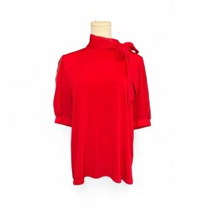 ❤️✨ EUC CABLE & GAUGE Red  myChiffon Neck Tie Short Sleeve Blouse | Sz L